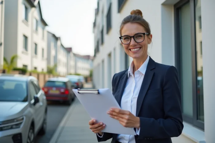 Agent immobilière professionnelle devant un immeuble résidentiel moderne, représentant l'accompagnement expert dans un projet immobilier