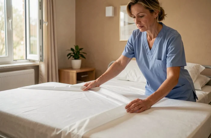 Aide-soignante installant un drap de protection Sécuridrap sur un lit médicalisé en EHPAD