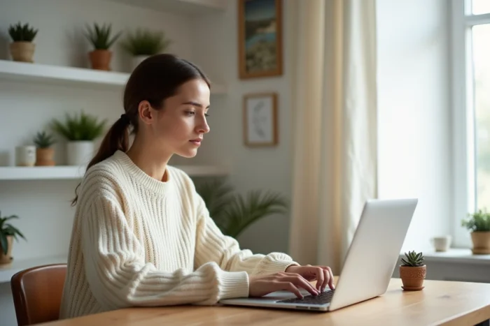 Jeune femme analysant les statistiques de son compte Instagram sur un ordinateur portable dans un bureau moderne et épuré