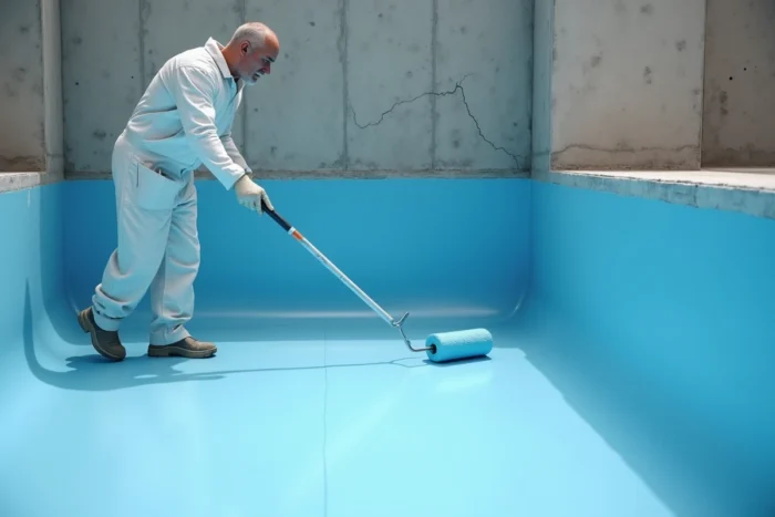 Professionnel appliquant de la peinture époxy bleue sur les parois en béton d'une piscine vide avec un rouleau à long manche