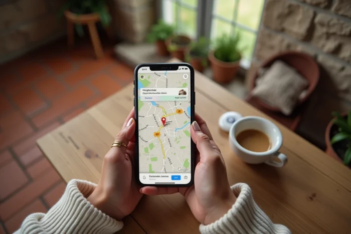 Mains tenant un smartphone avec l'application Rabbit Finder sur une table en chêne dans une cuisine de campagne française