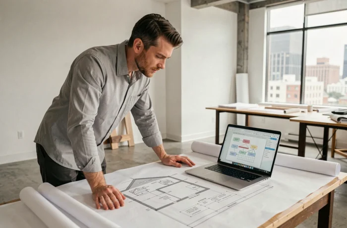 Architecte consultant un sitemap de site web de construction de maisons sur ordinateur portable avec des plans d'architecte étalés sur une table de travail
