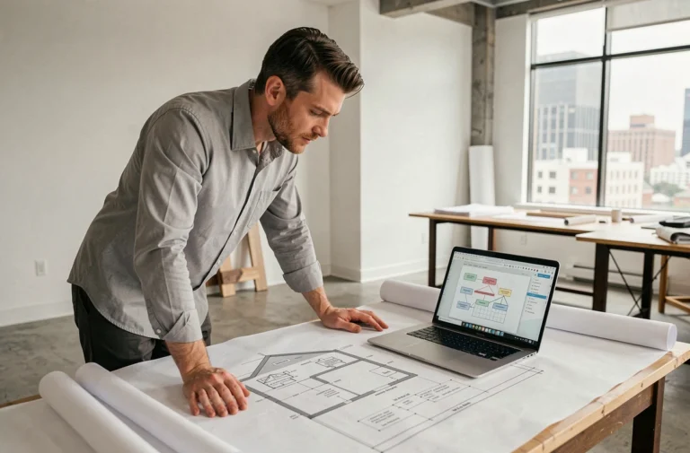 Architecte consultant un sitemap de site web de construction de maisons sur ordinateur portable avec des plans d'architecte étalés sur une table de travail