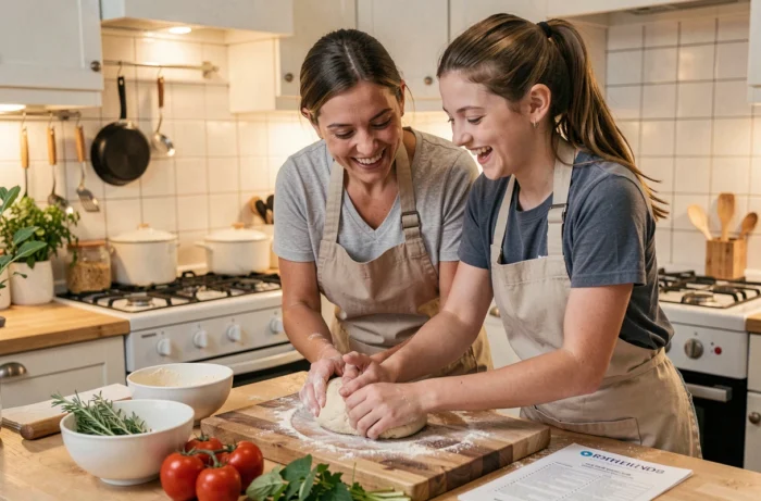 Une mère et sa fille adolescente préparant ensemble un repas dans la cuisine le mercredi soir, tabliers enfilés et farine sur le plan de travail