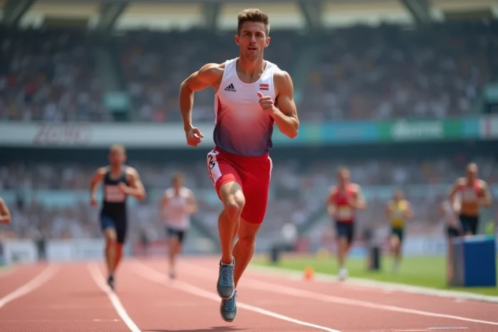 Athlète masculin en plein effort lors d'une course de 400 mètres sur piste rouge lors d'une compétition internationale d'athlétisme