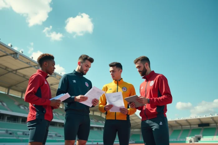 Groupe d'athlètes analysant les résultats d'une compétition d'athlétisme sur le podium d'un stade en plein air