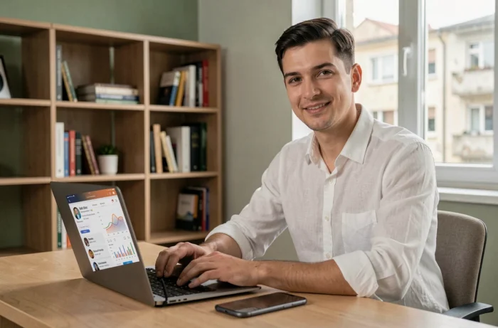 Jeune entrepreneur roumain travaillant sur son ordinateur portable dans un bureau moderne, illustrant l'ascension digitale de Bodlav depuis la Roumanie vers Instagram