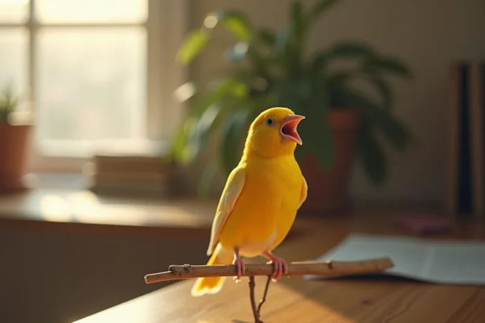 Canari domestique chantant avec vigueur près d'une fenêtre, posture détendue et gorge vibrante, signes clés du bonheur chez l'oiseau