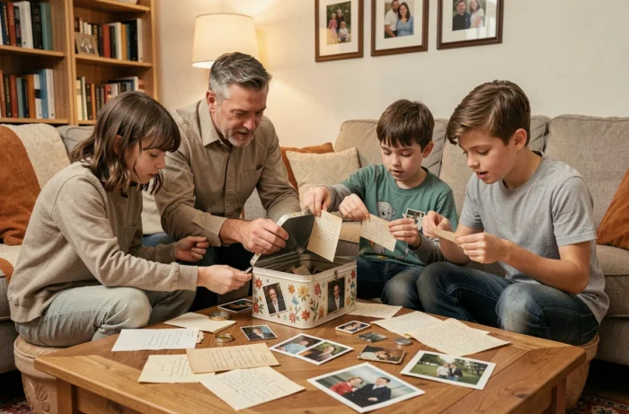 Une famille de quatre personnes rassemblant des lettres, photos et petits objets personnels dans une boîte métallique décorée pour constituer une capsule temporelle à ouvrir dans un an