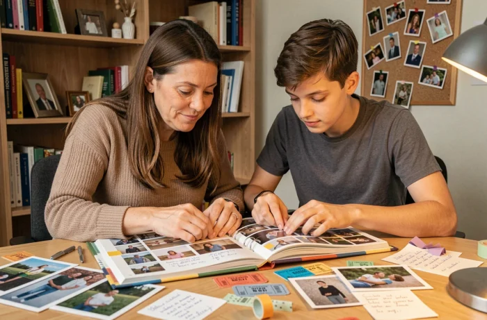 Une mère et son fils adolescent assemblant ensemble un carnet de souvenirs collectif avec des photos imprimées, des billets et des notes manuscrites