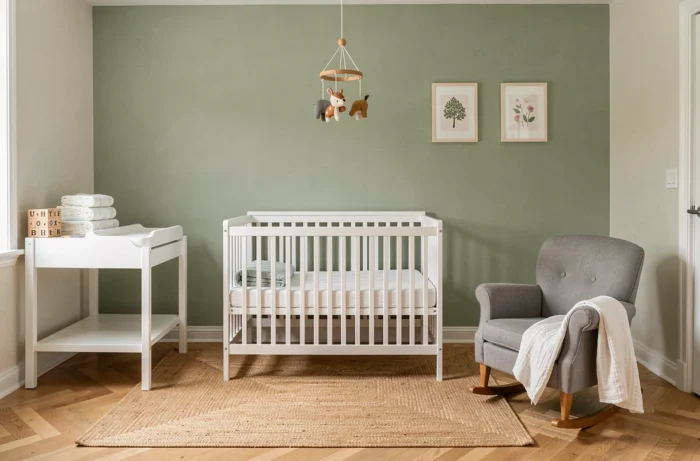 Vue d'ensemble d'une chambre de bébé entièrement aménagée avec un lit à barreaux blanc, une table à langer et un fauteuil à bascule dans un décor naturel et épuré