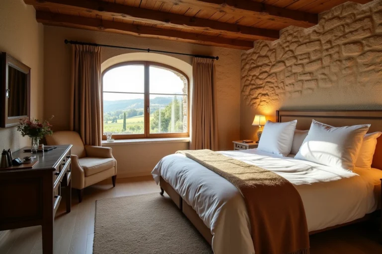 Chambre d'hôtel boutique en pierre avec poutres apparentes et vue sur les vignobles en France