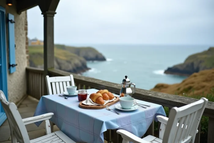 Terrasse de chambre d'hôtes en bord de mer en Bretagne avec petit-déjeuner et vue sur les falaises