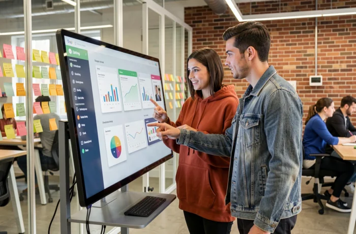 Deux professionnels collaborant sur un écran tactile interactif dans un espace de coworking créatif