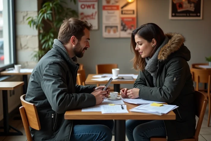 Deux entrepreneurs collaborant autour d'un plan d'affaires dans un café avec des ressources limitées