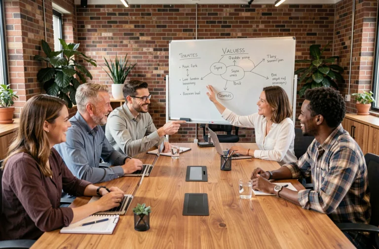 Équipe de professionnels diversifiés collaborant autour d'une table de conférence en bois pour définir les valeurs d'entreprise