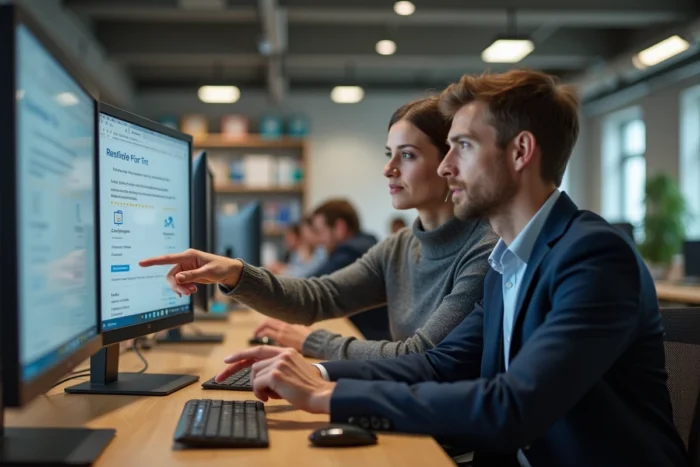 Deux collègues analysant ensemble les indicateurs de fiabilité d'une offre sur un site de réservation en ligne au bureau