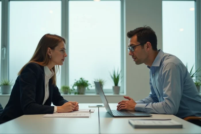 Deux collègues en discussion sérieuse autour d'un bureau, illustrant la prise de décision collaborative en milieu professionnel