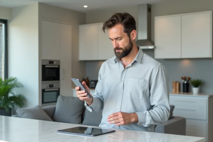 Homme comparant une offre de réservation en ligne sur smartphone et tablette dans une cuisine moderne