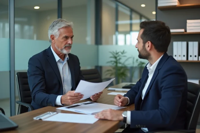 Conseiller en assurance habitation expliquant les garanties à un client dans une agence professionnelle en France