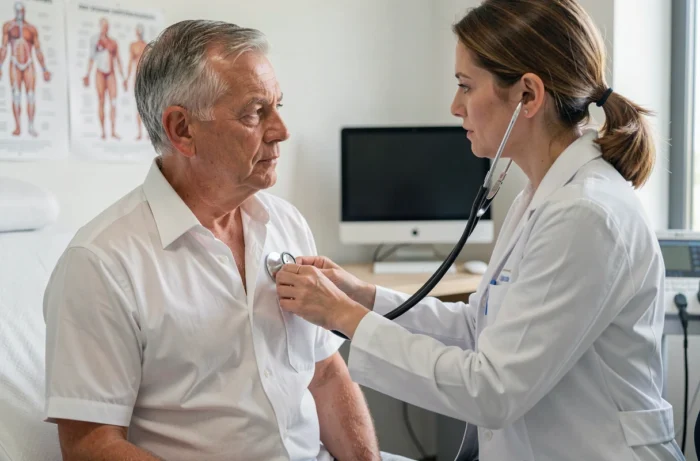 Patient senior lors d'une consultation cardiologique avec une médecin, représentant le suivi médical du rythme cardiaque après 70 ans