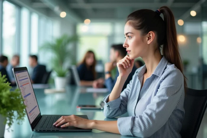 Professionnelle consultant un site de grammaire française sur ordinateur portable pour corriger une faute d'orthographe