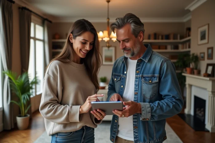 Couple dans un appartement haussmannien parisien comparant des assurances habitation sur tablette pour trouver la meilleure offre 2024