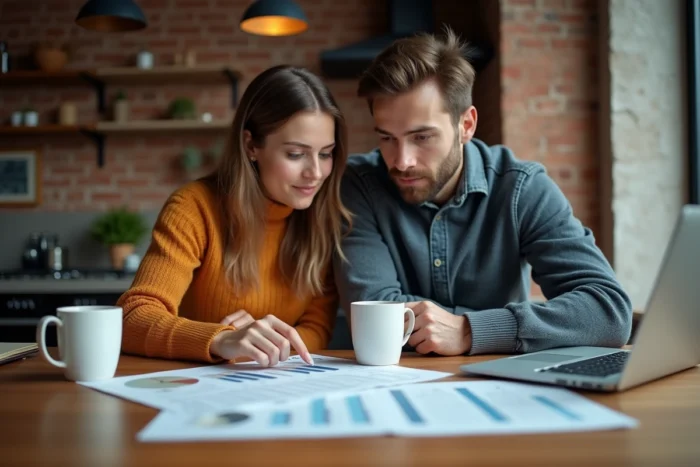 Un couple dans la trentaine compare des offres de crédits immobiliers autour d'une table en bois dans leur cuisine moderne avec ordinateur et documents financiers