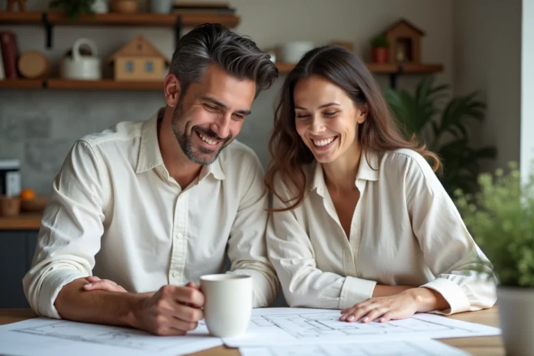 Couple examinant des plans immobiliers ensemble à une table en bois dans un appartement moderne, illustrant la préparation d'un projet immobilier