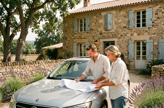 Couple étudiant les plans d'une maison en pierre traditionnelle du Sud-Ouest de la France dans une cour ensoleillée