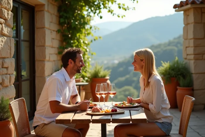 Couple en terrasse d'un restaurant corse en village perché, repas traditionnel lors d'un séjour tout compris