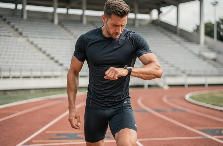 Coureur masculin consultant son chronomètre de sport au poignet pendant une séance d'entraînement sur piste d'athlétisme