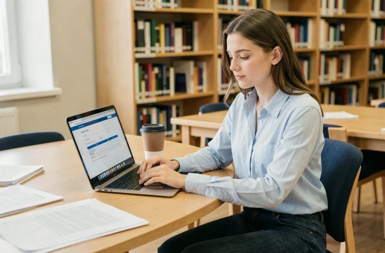 Étudiante créant un compte HR4You Auchan sur un ordinateur portable dans une bibliothèque universitaire