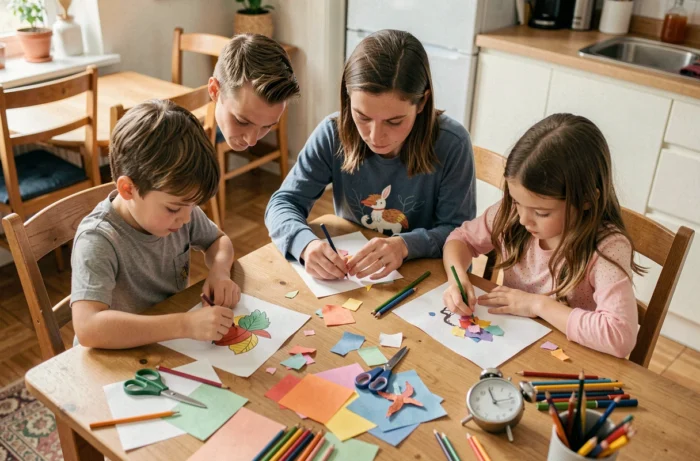 Un père et ses deux enfants réalisant des créations artistiques rapides en cinq minutes chrono autour d'une table couverte de fournitures créatives