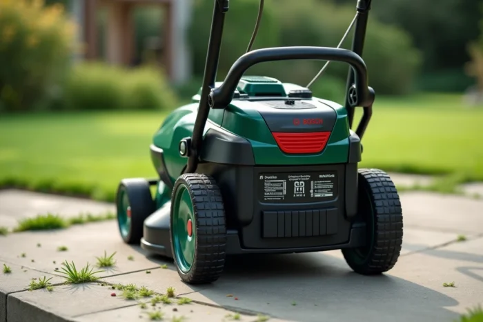 Gros plan sur le bac de collecte et le panneau de commande de la tondeuse Bosch AdvancedRotak 770