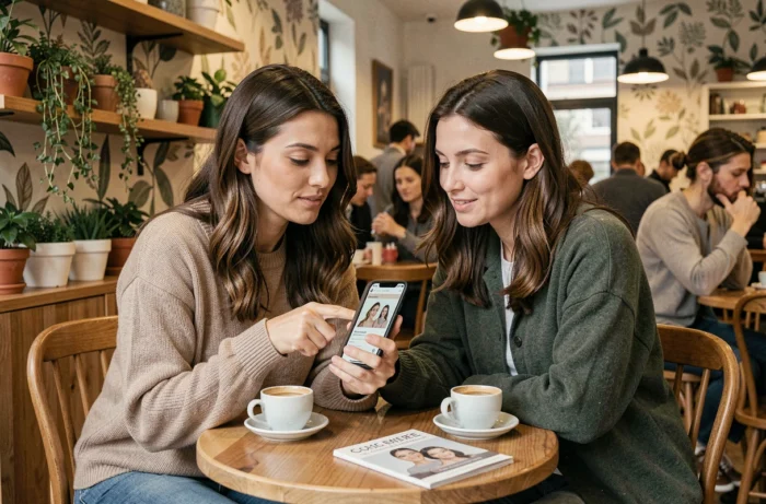 Deux femmes explorant ensemble un site de beauté et bien-être sur un smartphone dans un café cosy et naturel