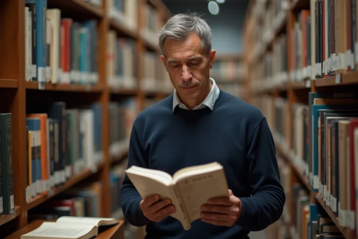 Homme consultant un dictionnaire français en bibliothèque pour clarifier une règle d'orthographe