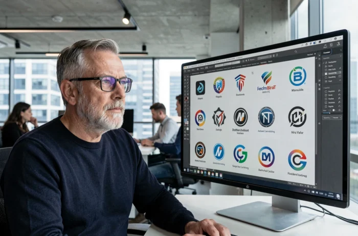 Directeur créatif analysant des concepts de logo sur un logiciel vectoriel dans un bureau moderne en open space