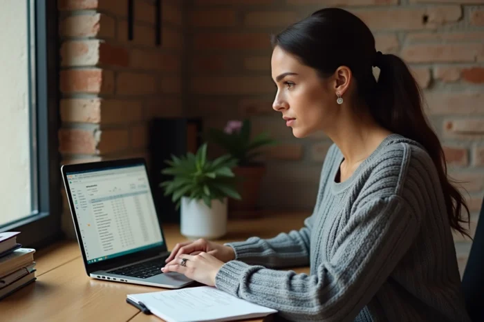 Femme entrepreneur travaillant sur son budget de démarrage depuis un bureau à domicile modeste