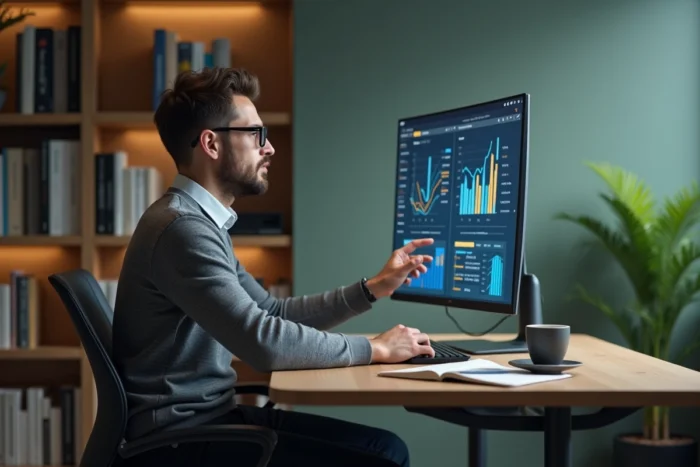 Entrepreneur analysant des tableaux de bord de performance et solutions innovantes dans un bureau privé minimaliste
