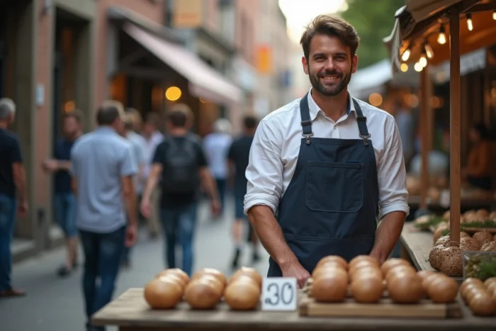 Jeune entrepreneur vendant ses produits artisanaux sur un marché de rue avec un petit budget