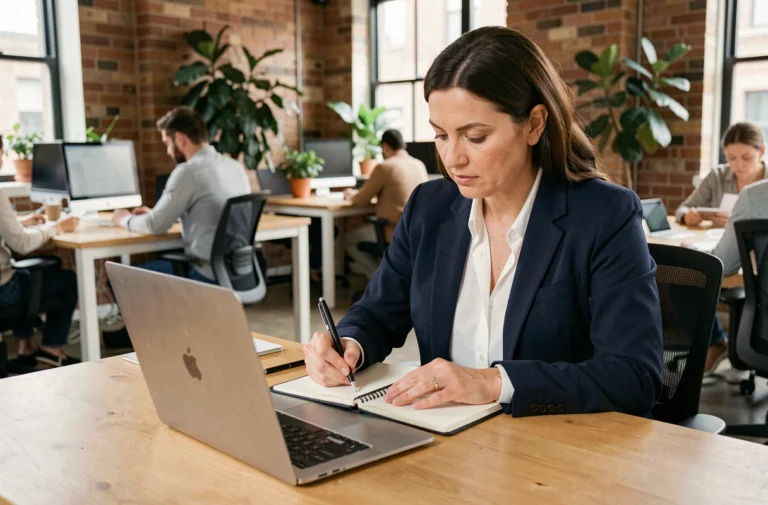 Entrepreneuse locale consultant des ressources en ligne dans un espace de coworking moderne