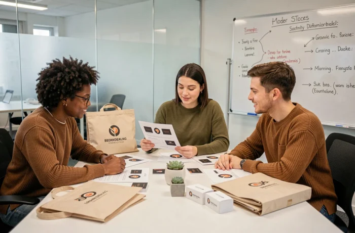 Équipe de branding examinant des maquettes de logo imprimées sur des supports de communication lors d'une réunion créative