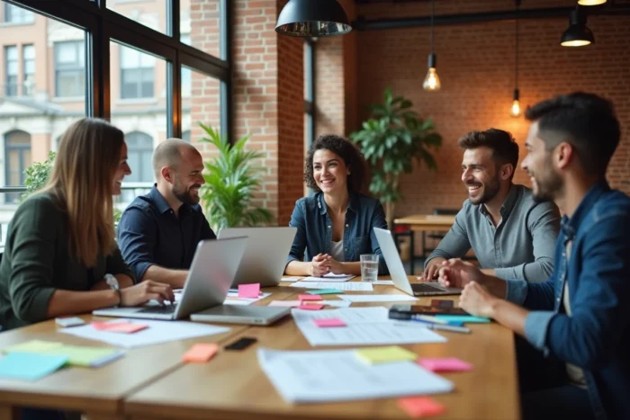Équipe diversifiée collaborant autour d'une table de réunion dans un espace de coworking moderne
