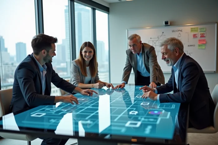 Équipe pluridisciplinaire collaborant autour d'une table interactive pour planifier la transformation numérique de leur entreprise