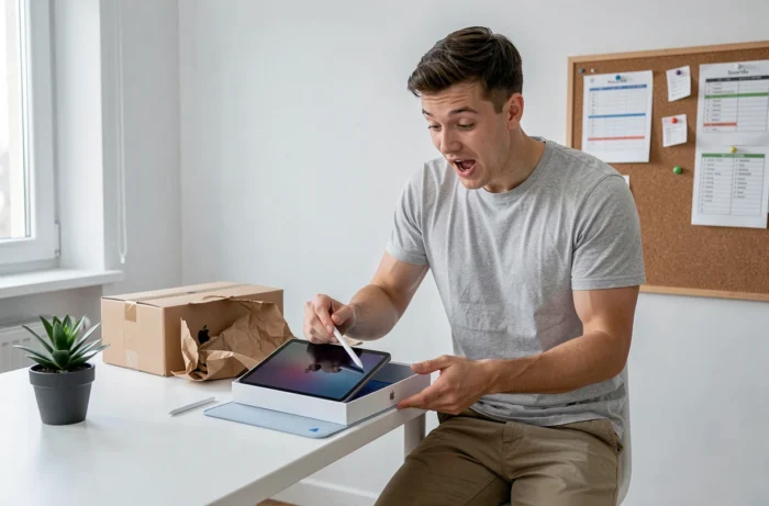 Étudiant déballant un iPad et un Apple Pencil neufs dans son appartement grâce aux réductions Apple Education
