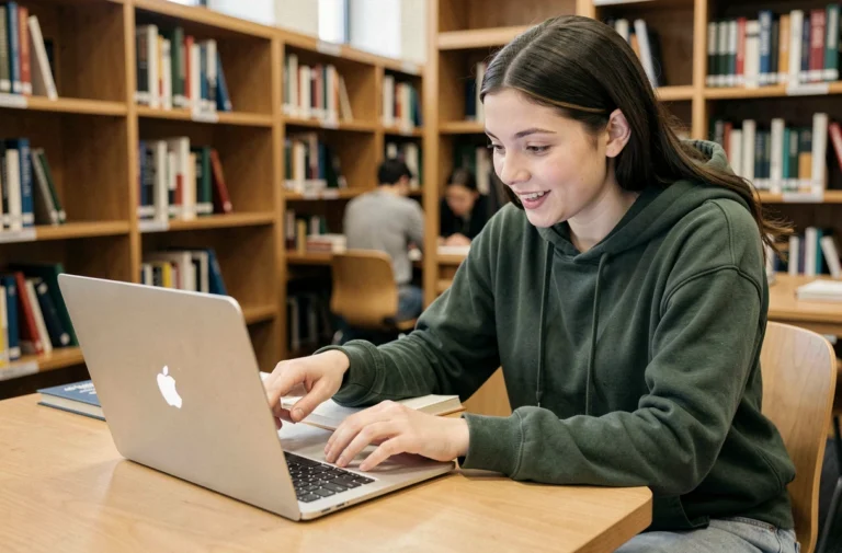 Étudiante utilisant un MacBook Pro dans une bibliothèque universitaire pour profiter des offres Apple Education