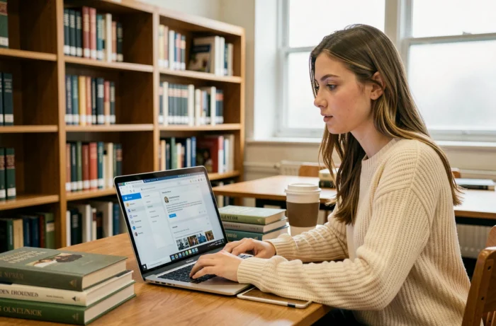 Étudiante UGA consultant sa messagerie universitaire sur un laptop dans une bibliothèque