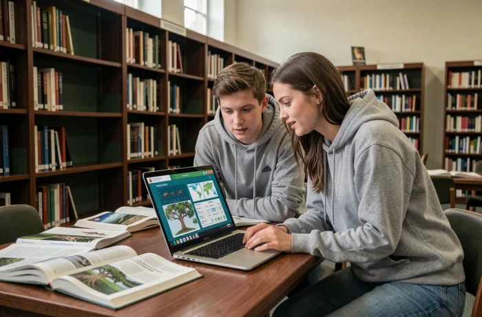 Deux étudiants universitaires collaborant sur un jeu de stratégie de gestion d'écosystème en ligne dans une bibliothèque académique