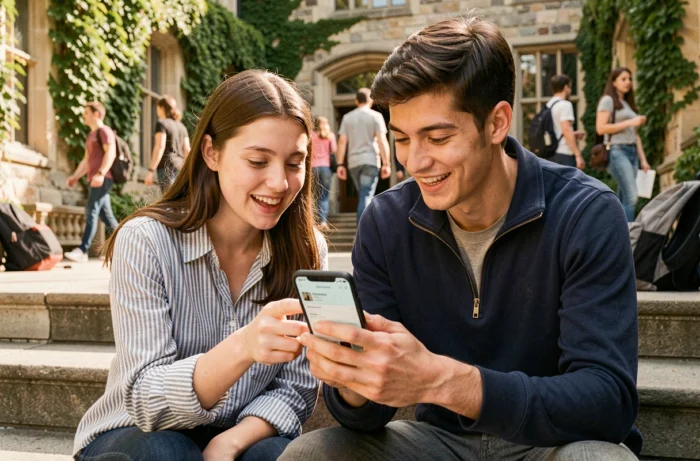 Deux étudiants consultant les offres Apple Education sur iPhone sur les marches d'un campus universitaire